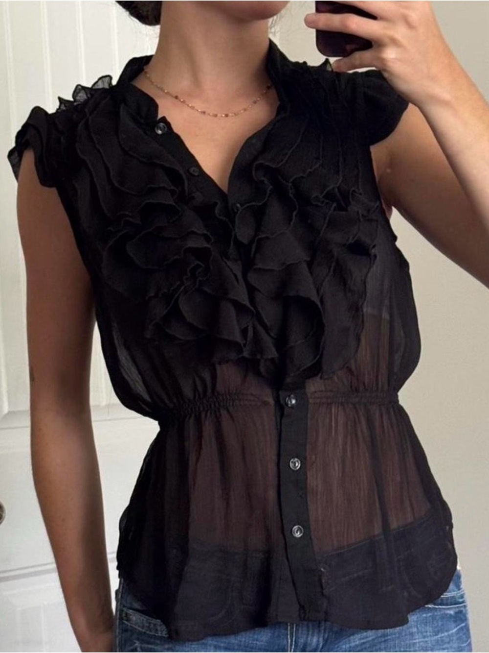 Miley Cyrus & Max Azria Black Ruffle Sheer Blouse